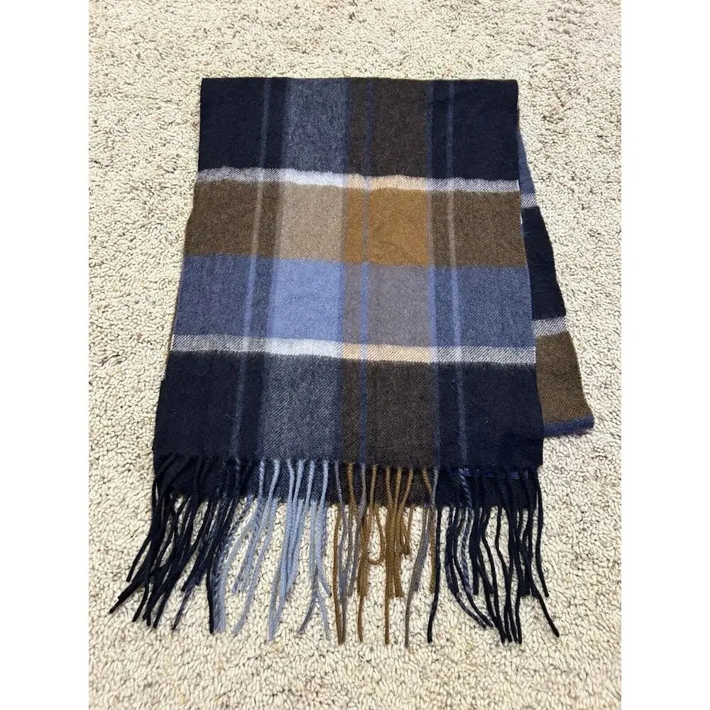 Men's ClubRoom 67” SCARF 100% Cashmere PLAID Black Brown Blue Gray FRINGE K24